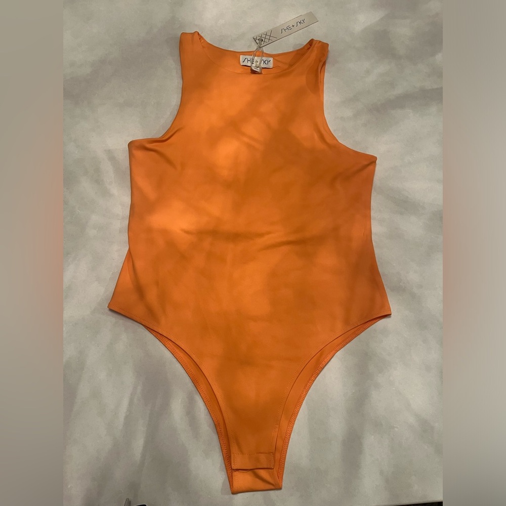 She + Sky Apricot Double Lines Bodysuit with Snap Enclosure